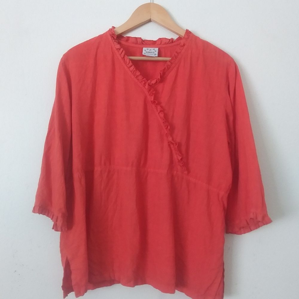 Vintage Donna USA Linen Top, 3/4 Sleeve, Womens Large Bright Coral Ruffle Trim